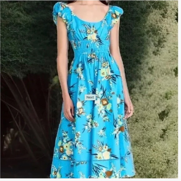 Tory Burch Cap Sleeve Scoop Neck Dress Blue Drop Bouquet Floral Poplin Size 4/S - Picture 2 of 14